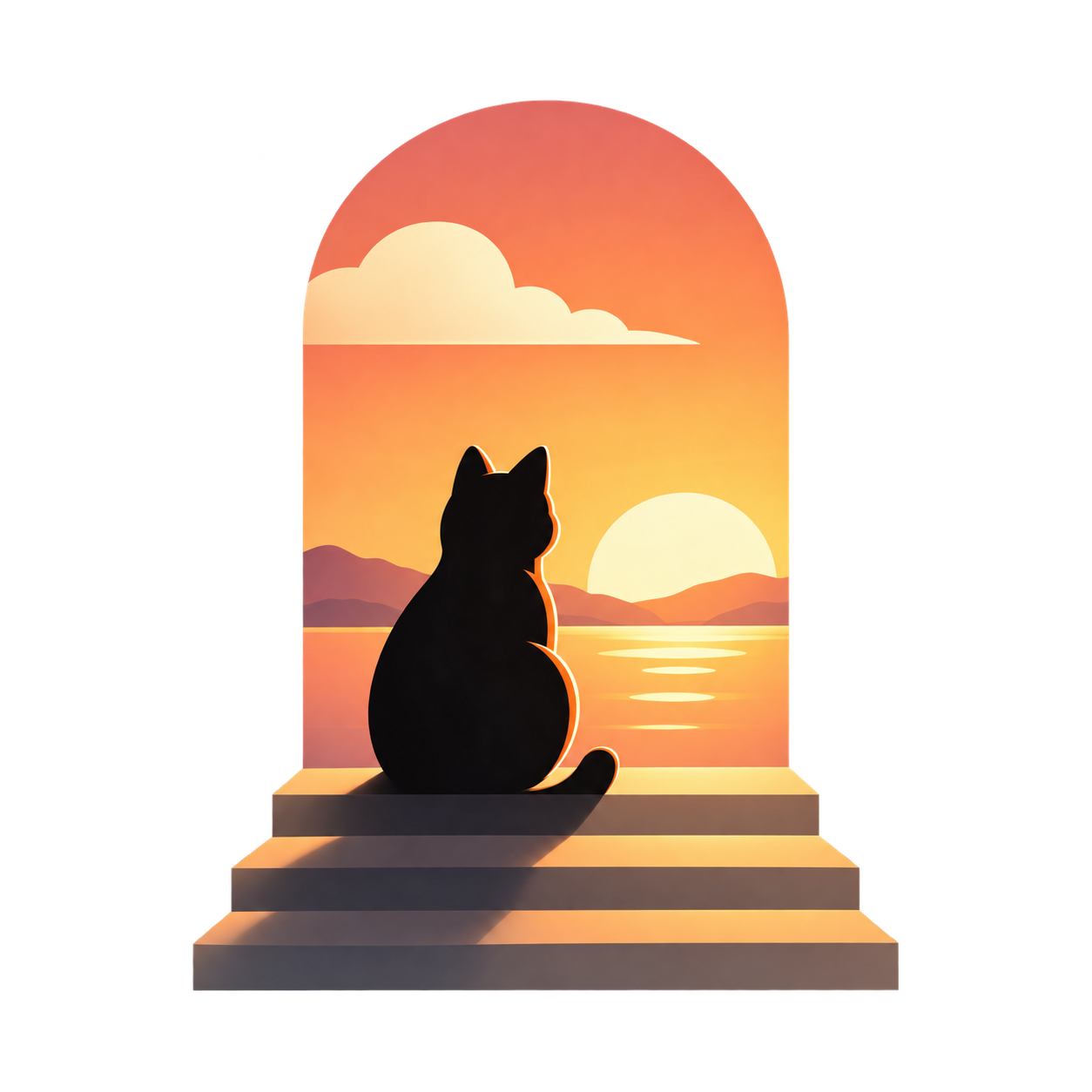 A black cat sits on steps, looking through a glowing sunset arch toward the water and mountains.